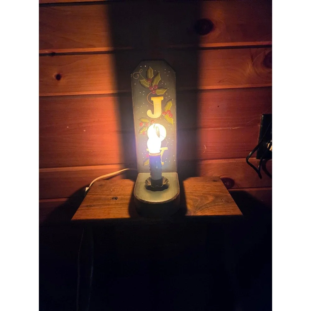 Vintage Primitive Wooden Christmas JOY Candle Lamp Rustic Holiday Decor Accent